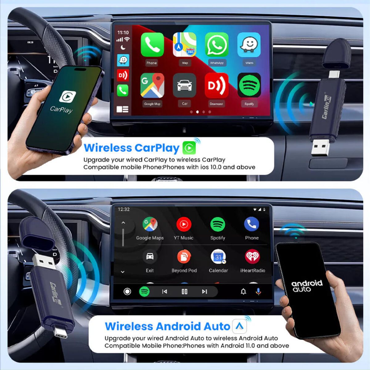 Carlinkit Apple Carplay/Android Auto Kablet-til-trådløs adapter